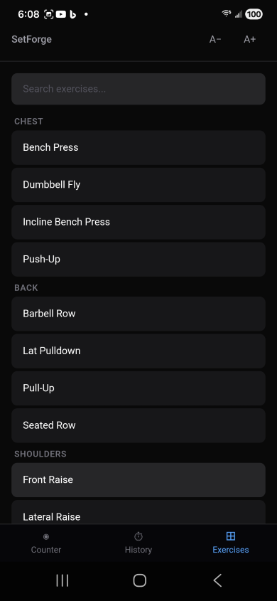 SetForge exercise library screen
